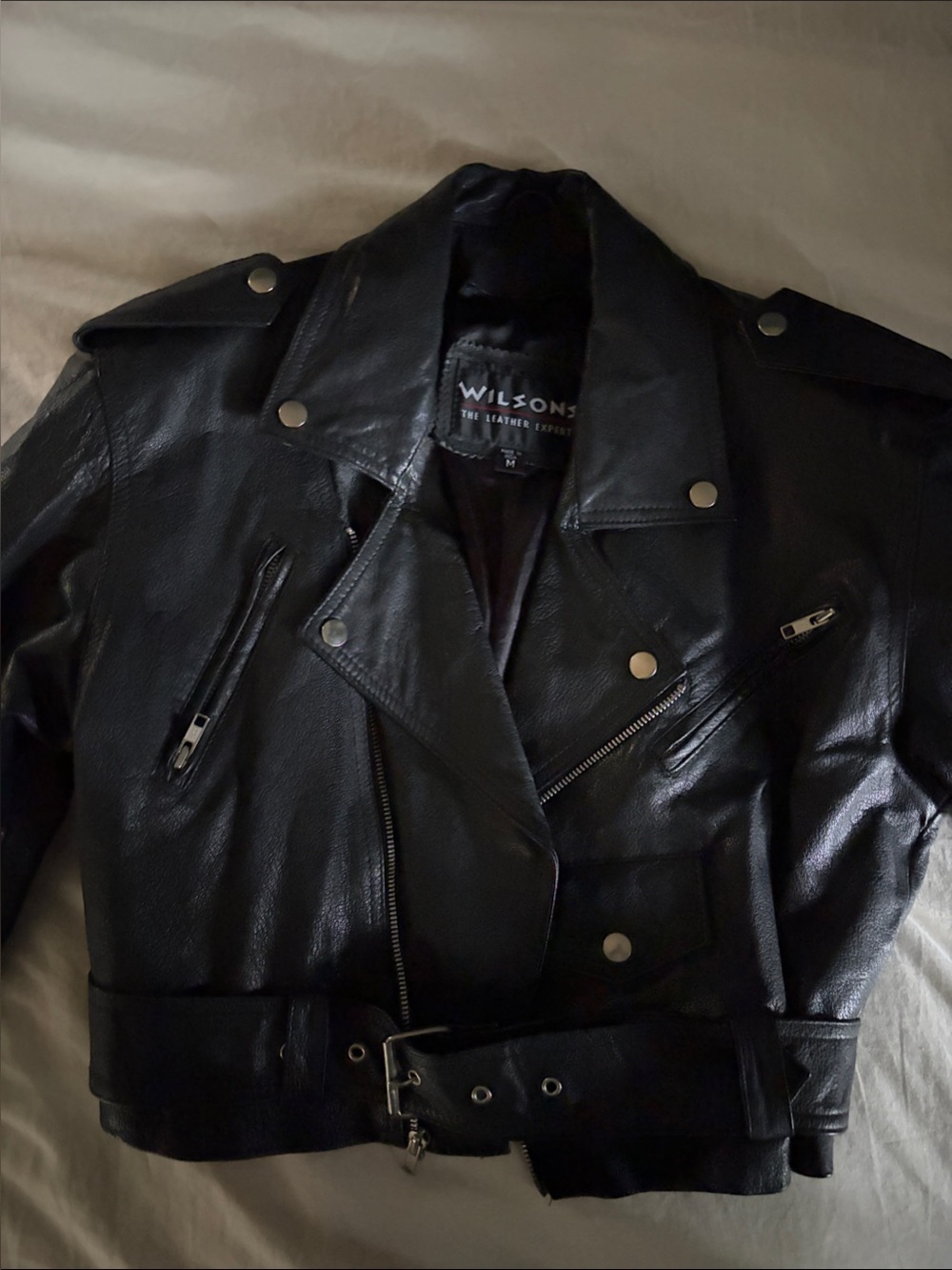 Vintage Wilsons Black Leather Moto Jacket with Silver Hardware